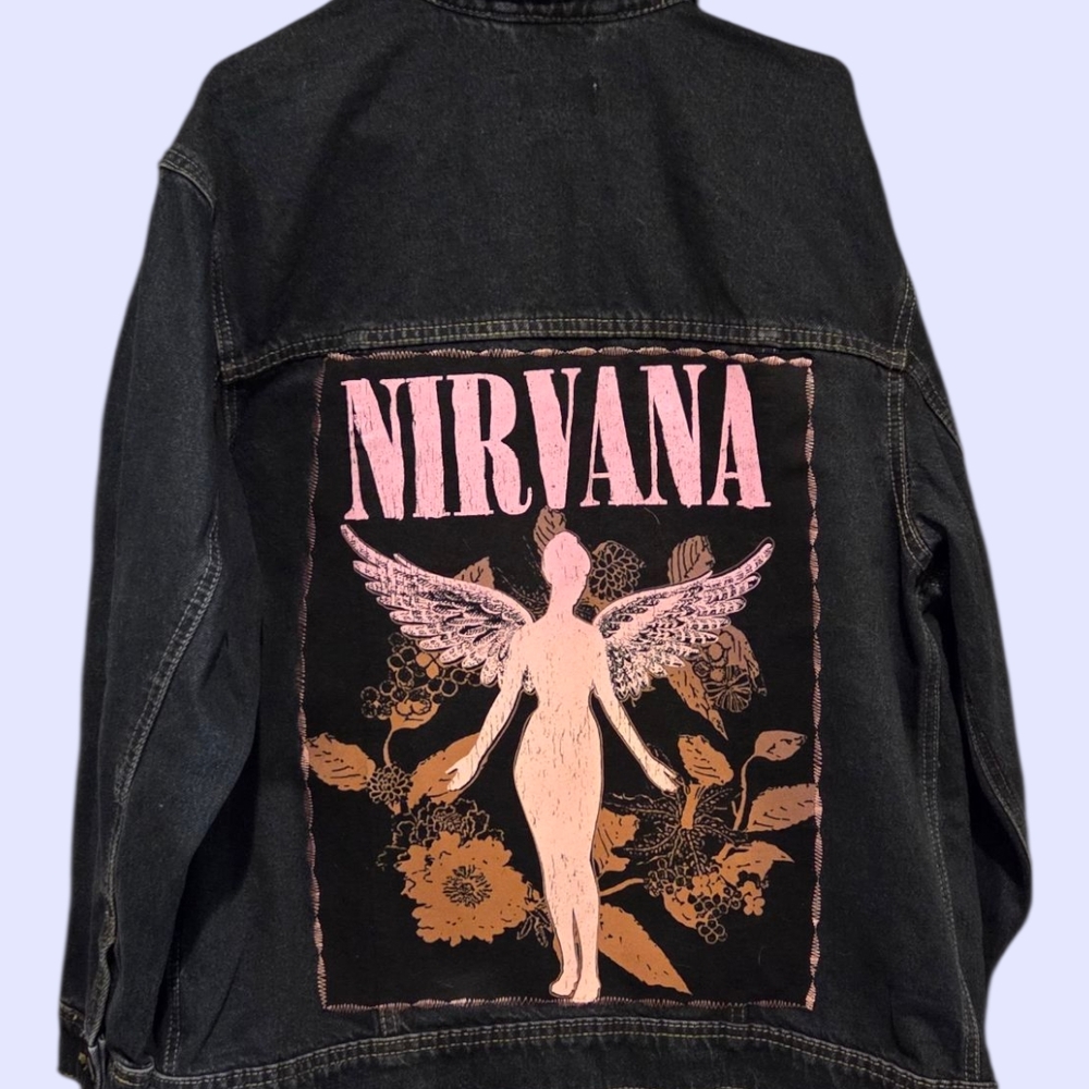 Nirvana..  Denim Jacket with Pink Graphics .. Upcycle ..Rock Band